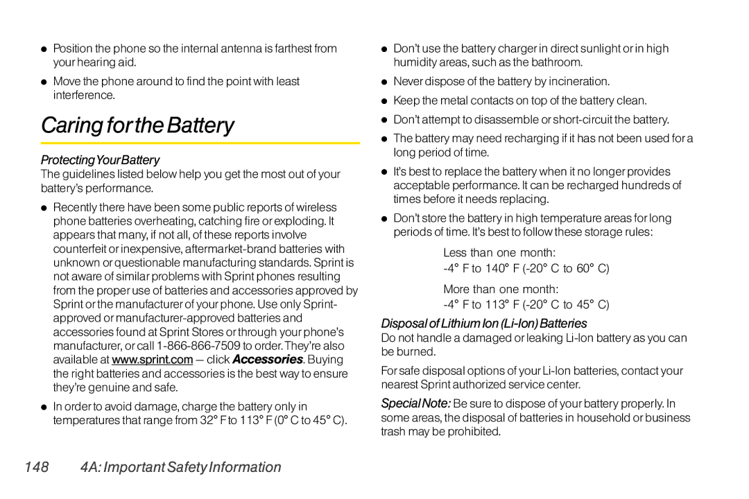 LG Electronics LX370 manual Caring forthe Battery, 148 4A Important Safety Information, ProtectingYourBattery 