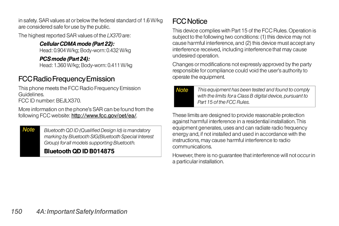 LG Electronics LX370 FCC Radio FrequencyEmission, FCC Notice, 150 4A Important Safety Information, Cellular Cdma mode Part 