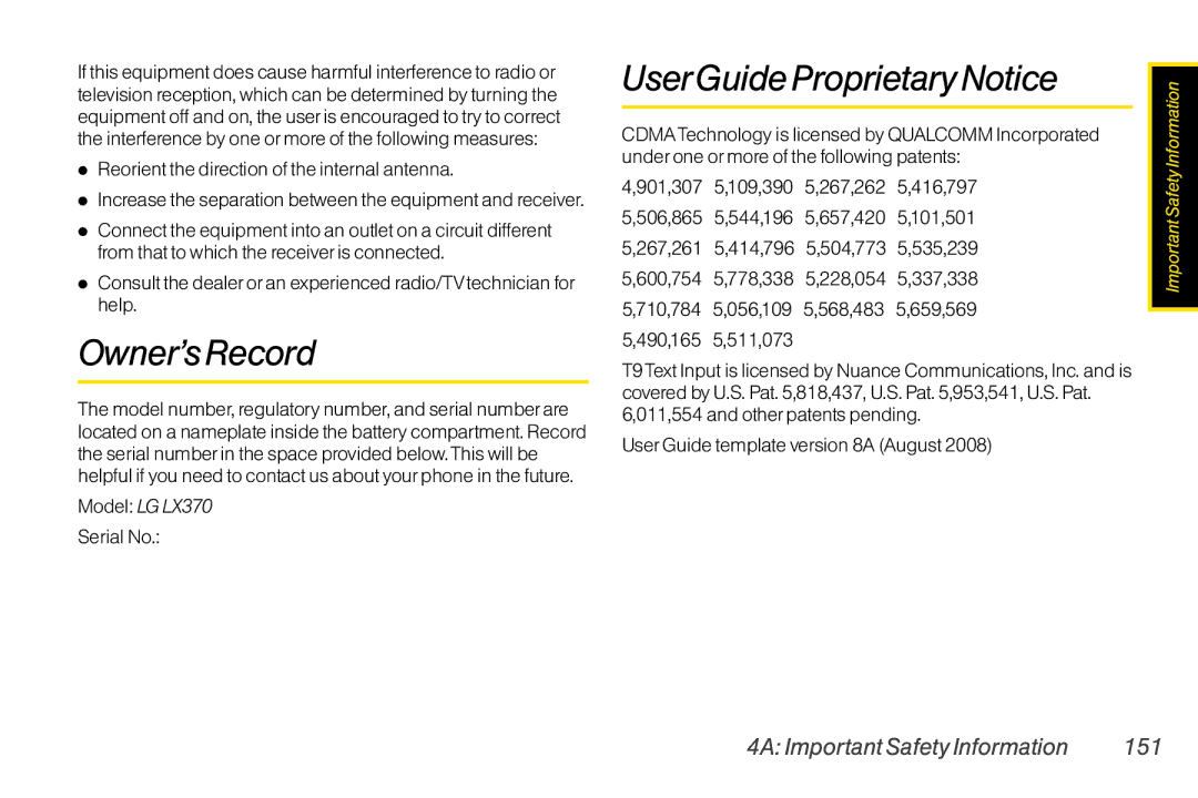 LG Electronics manual Owner’s Record, UserGuide Proprietary Notice, 4A Important Safety Information 151, Model LG LX370 