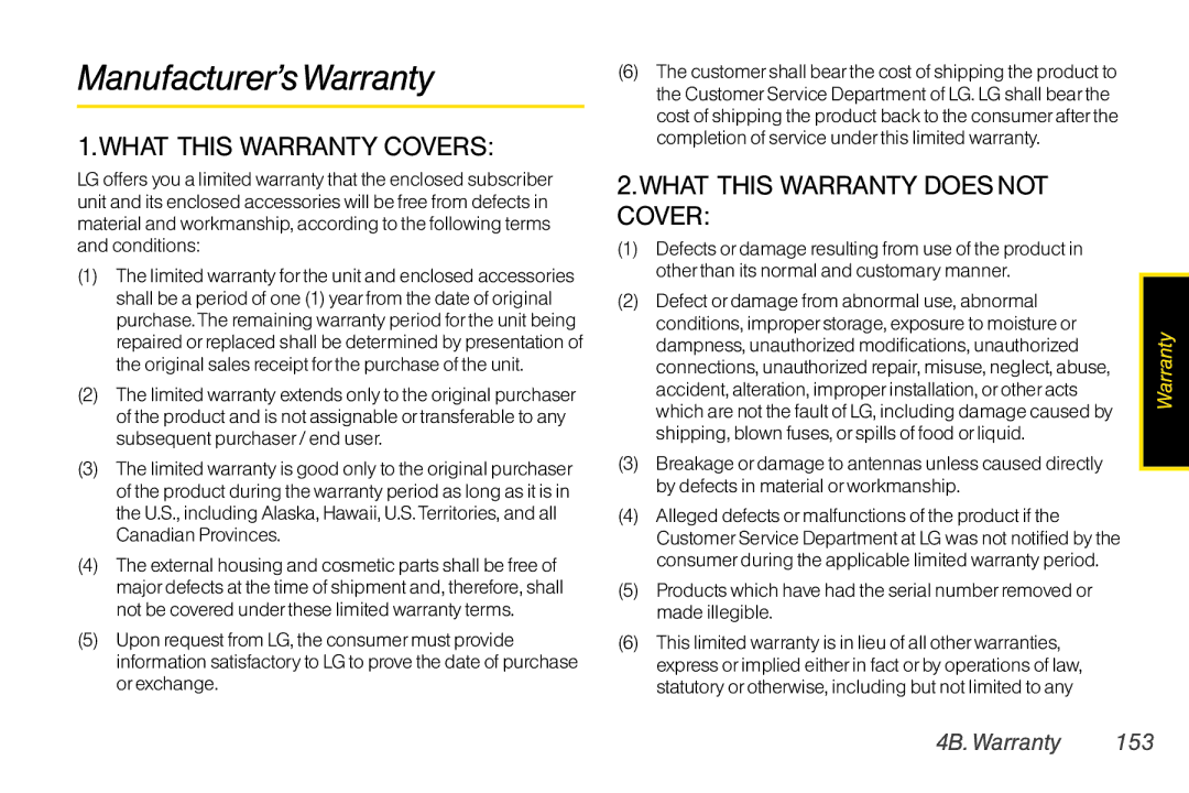 LG Electronics LX370 manual Manufacturer’sWarranty, 4B. Warranty 