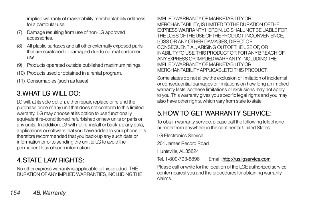 LG Electronics LX370 manual What LG will do, 154 4B. Warranty 