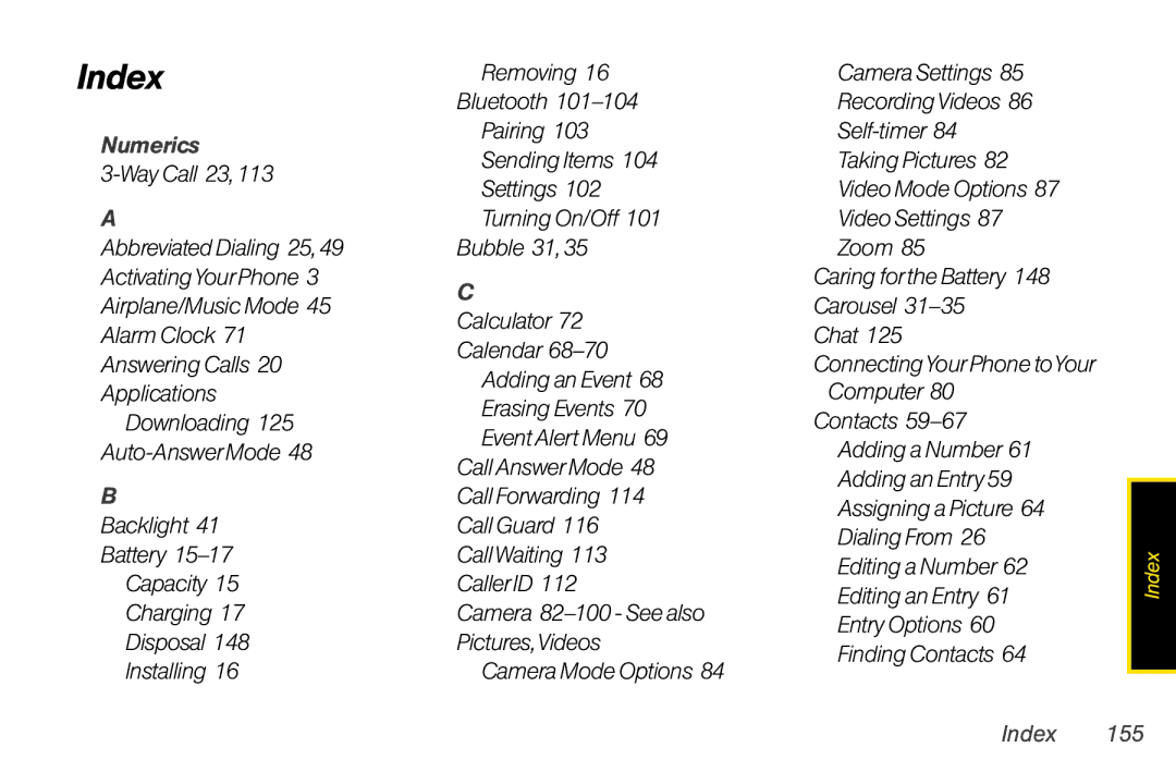 LG Electronics LX370 manual Index, Numerics, Camera Mode Options 