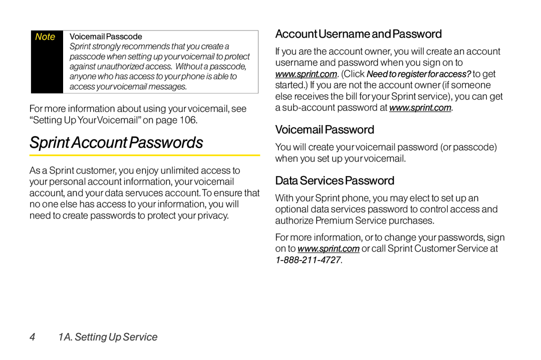 LG Electronics LX370 SprintAccount Passwords, Account Username and Password Voicemail Password, Data Services Password 