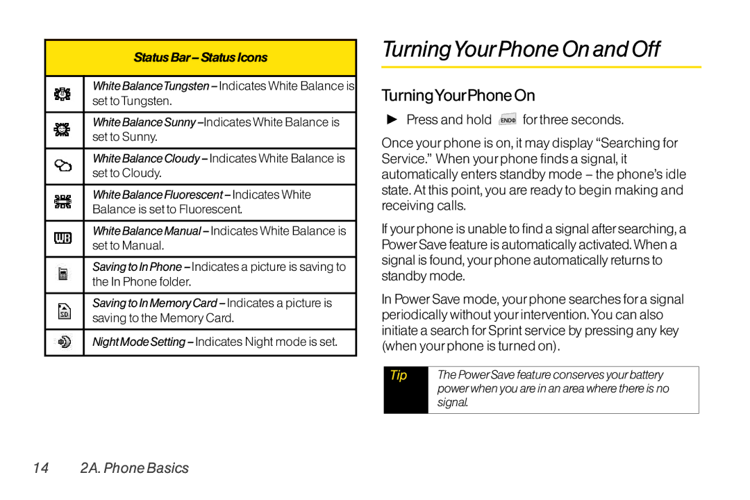 LG Electronics LX370 manual TurningYourPhone On and Off, 14 2A. Phone Basics 