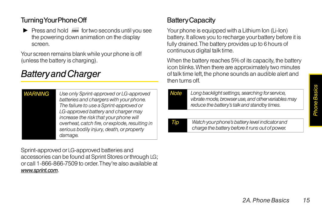 LG Electronics LX370 manual Batteryand Charger, TurningYourPhone Off, BatteryCapacity 