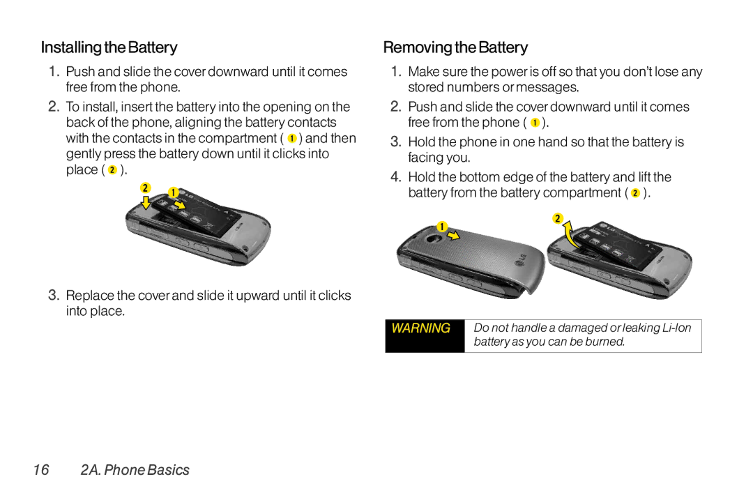 LG Electronics LX370 manual Installingthe Battery, Removingthe Battery, 16 2A. Phone Basics 