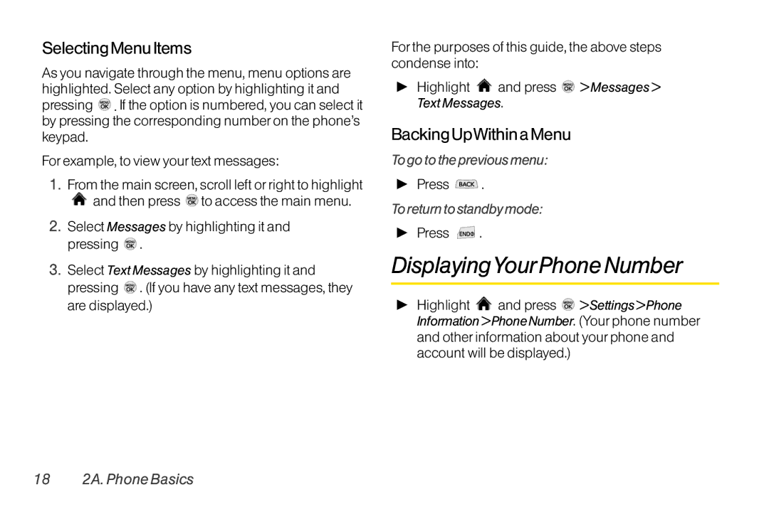 LG Electronics LX370 manual DisplayingYourPhone Number, Selecting Menu Items, Backing UpWithin a Menu 