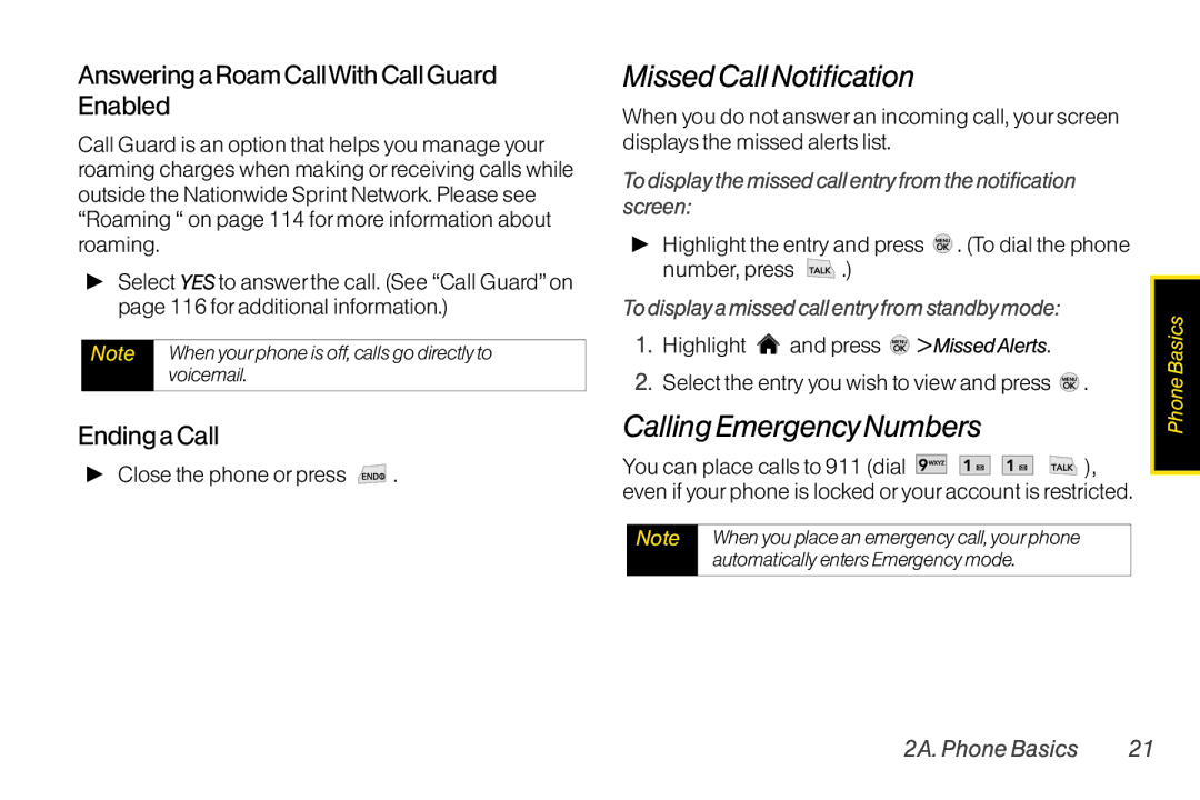 LG Electronics LX370 Missed CallNotification, Calling Emergency Numbers, Answering a Roam CallWith Call Guard Enabled 