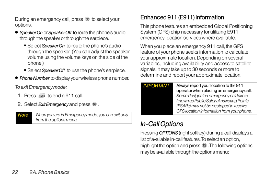 LG Electronics LX370 manual In-Call Options, Enhanced 911 E911Information, To exit Emergency mode, 22 2A. Phone Basics 