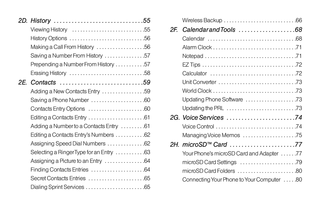 LG Electronics LX370 manual 2D. History, 2F. Calendar andTools 