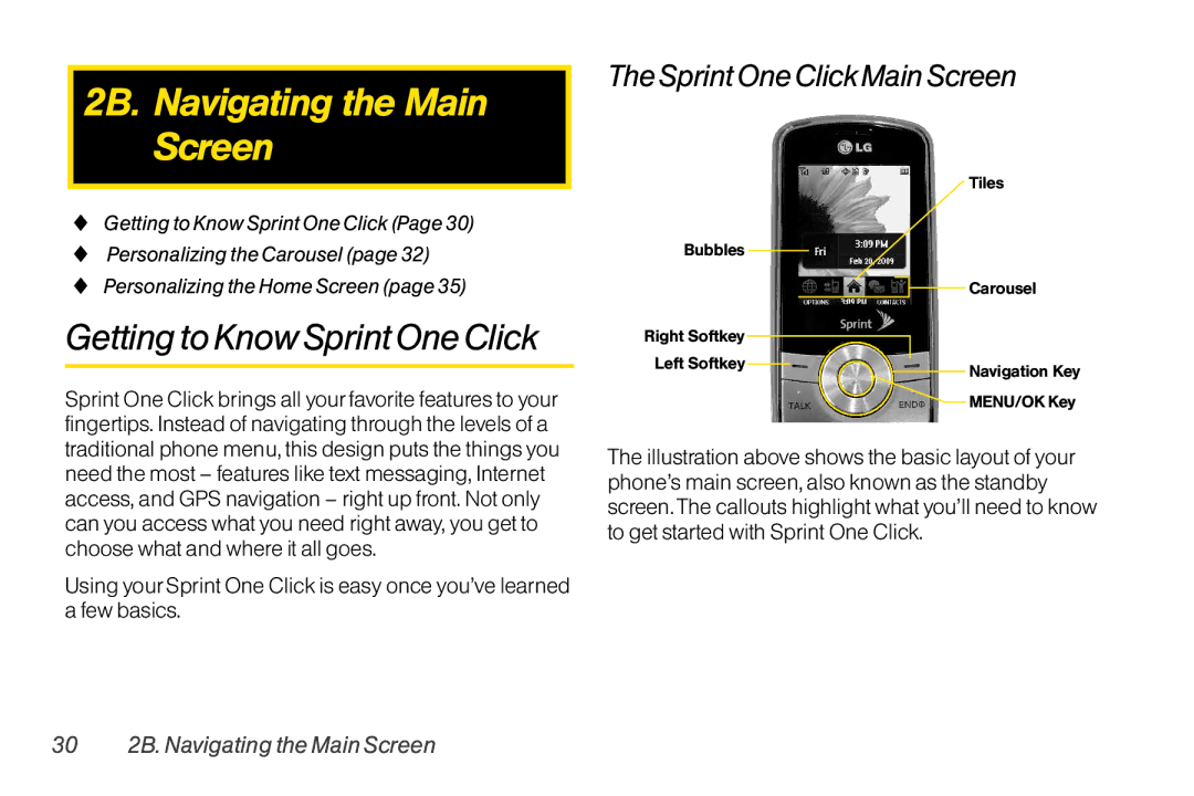 LG Electronics LX370 manual 2B. Navigating the Main Screen, Getting to Know Sprint One Click, Sprint One Click Main Screen 