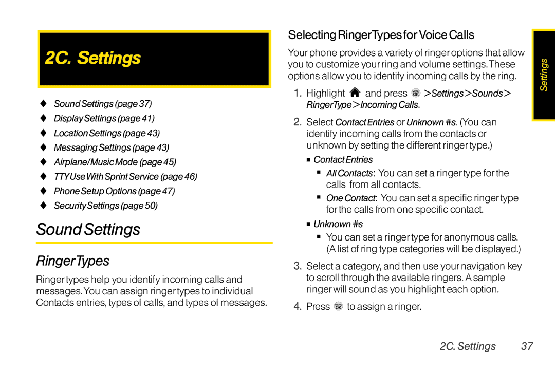 LG Electronics LX370 manual 2C. Settings, Sound Settings, Selecting RingerTypes for Voice Calls 