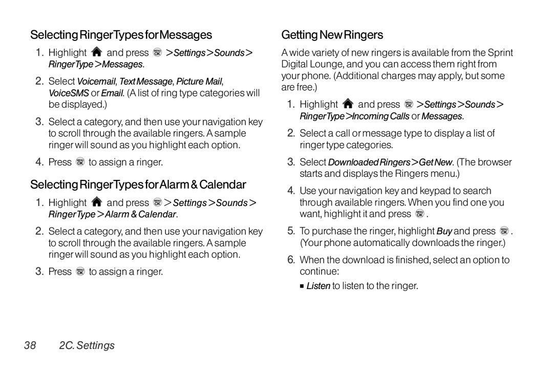 LG Electronics LX370 Selecting RingerTypes forMessages, Selecting RingerTypes forAlarm & Calendar, Getting New Ringers 