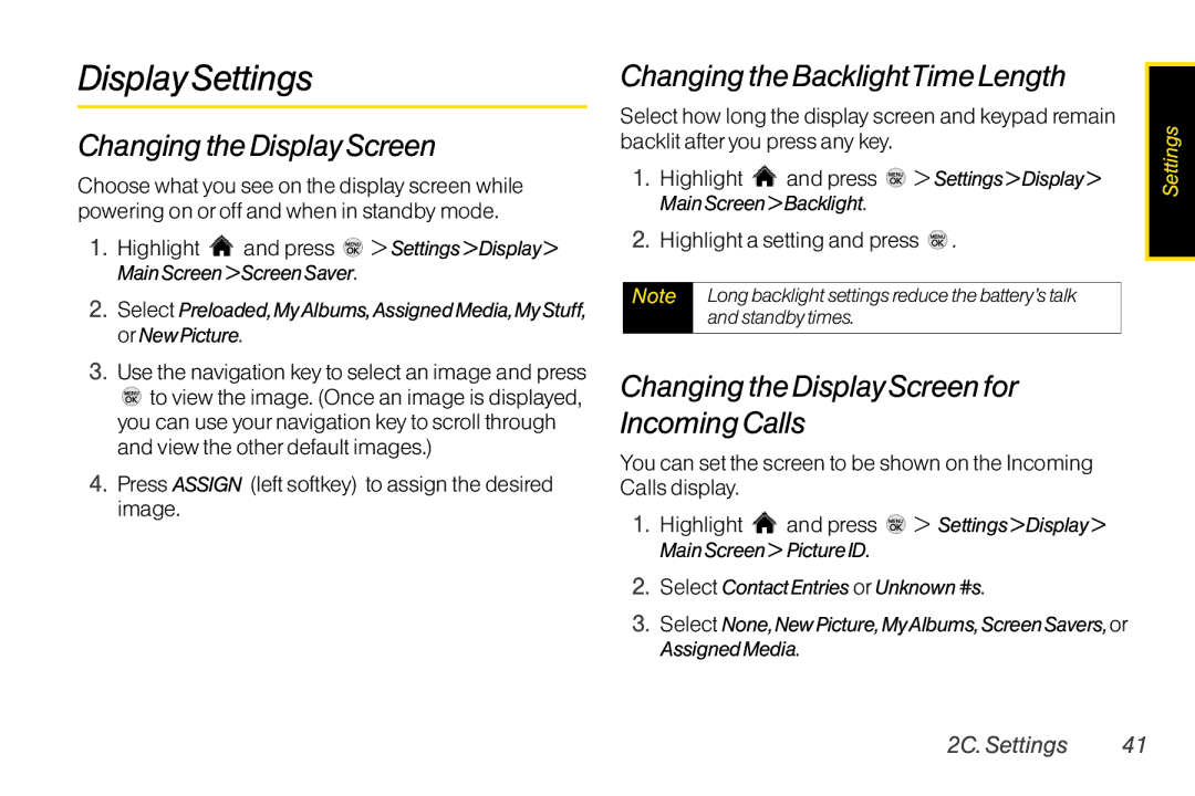 LG Electronics LX370 manual Display Settings, Changing the Display Screen, Changing the BacklightTime Length 