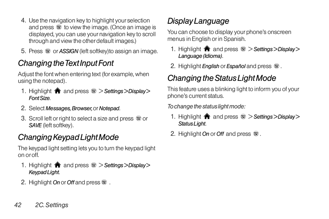 LG Electronics LX370 manual Changing theText Input Font, Changing Keypad Light Mode, Display Language 