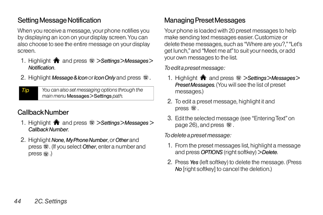 LG Electronics LX370 manual Setting Message Notification, CallbackNumber, Managing Preset Messages 