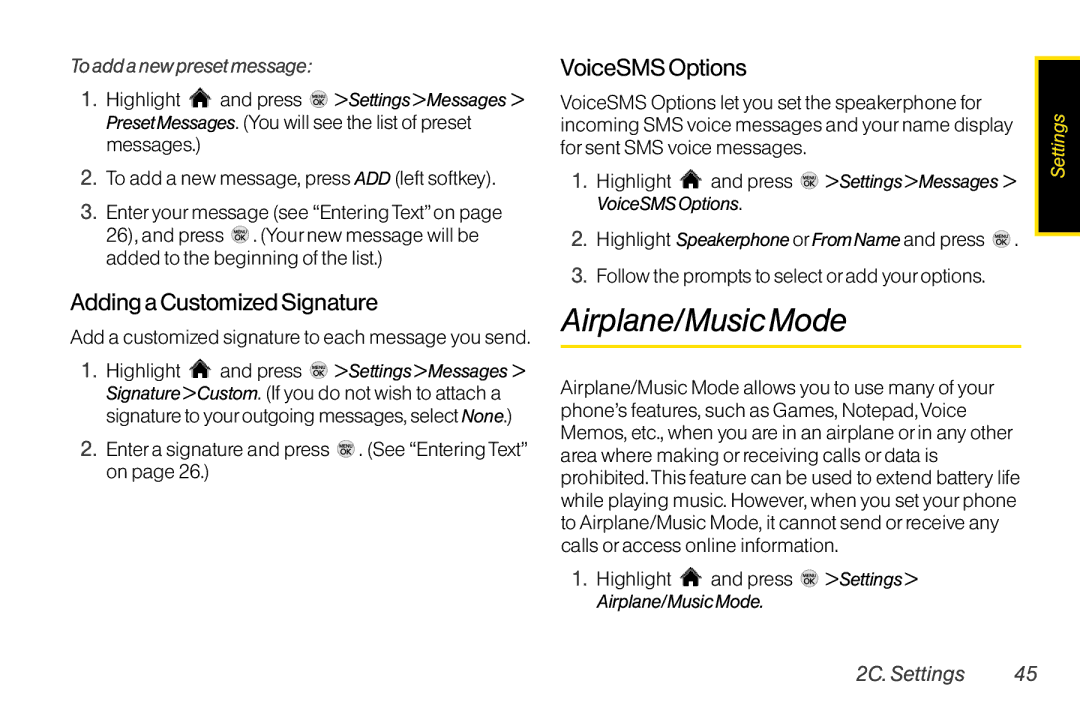 LG Electronics LX370 Airplane/Music Mode, Adding a Customized Signature, VoiceSMS Options, To add a new preset message 