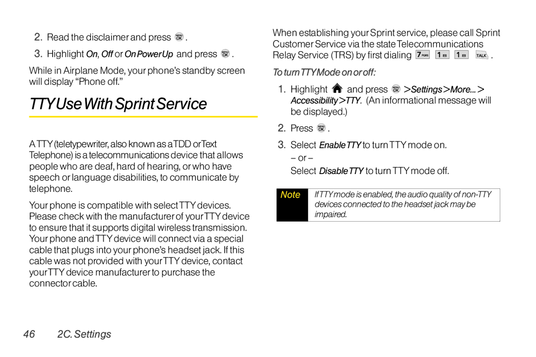 LG Electronics LX370 manual TTYUseWith Sprint Service, Relay Service TRS by first dialing, To turnTTYMode on oroff 