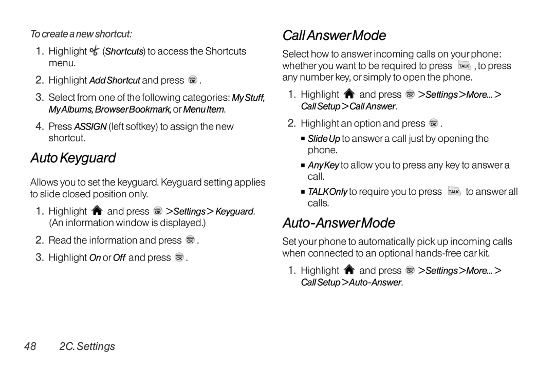 LG Electronics LX370 manual Auto Keyguard, CallAnswerMode, Auto-AnswerMode, To create a new shortcut, 48 2C. Settings 