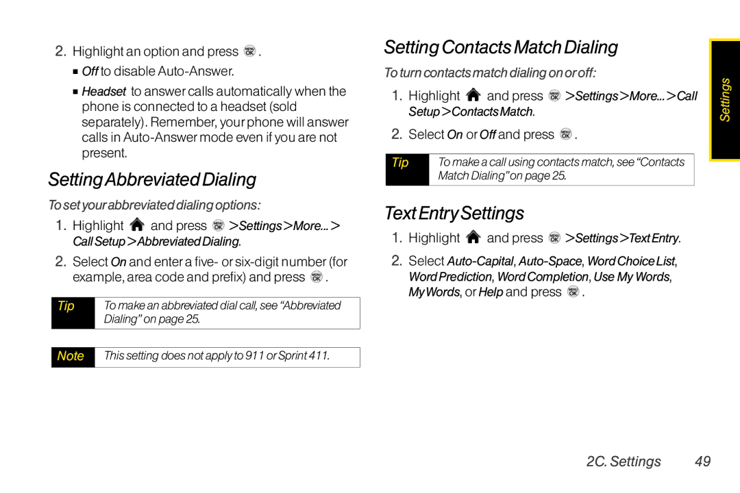 LG Electronics LX370 manual SettingAbbreviated Dialing, Setting Contacts Match Dialing, Text Entry Settings 