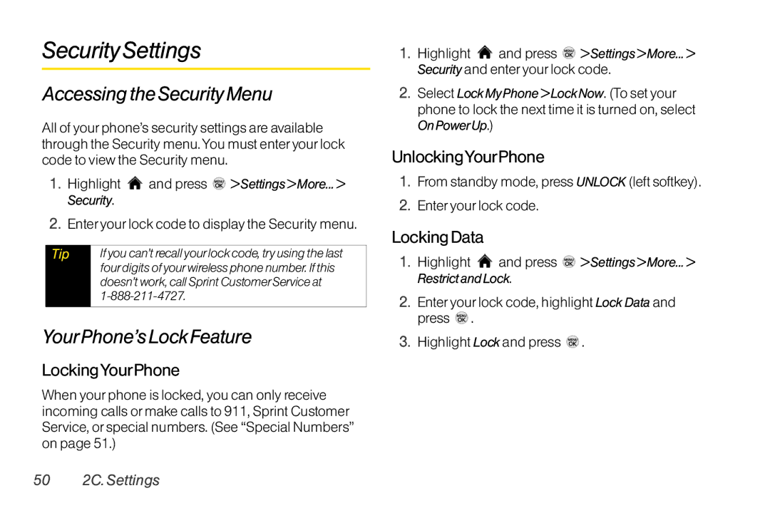 LG Electronics LX370 manual SecuritySettings, Accessing the Security Menu, YourPhone’s Lock Feature 