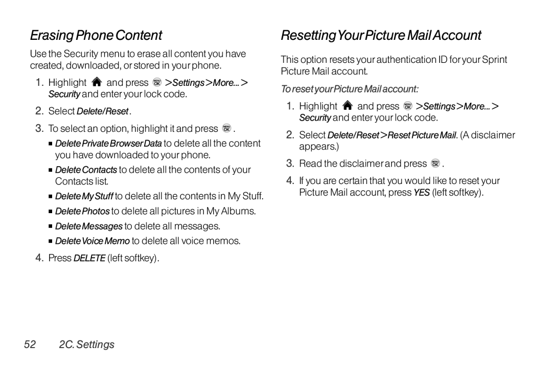 LG Electronics LX370 Erasing Phone Content, ResettingYourPicture MailAccount, To select an option, highlight it and press 