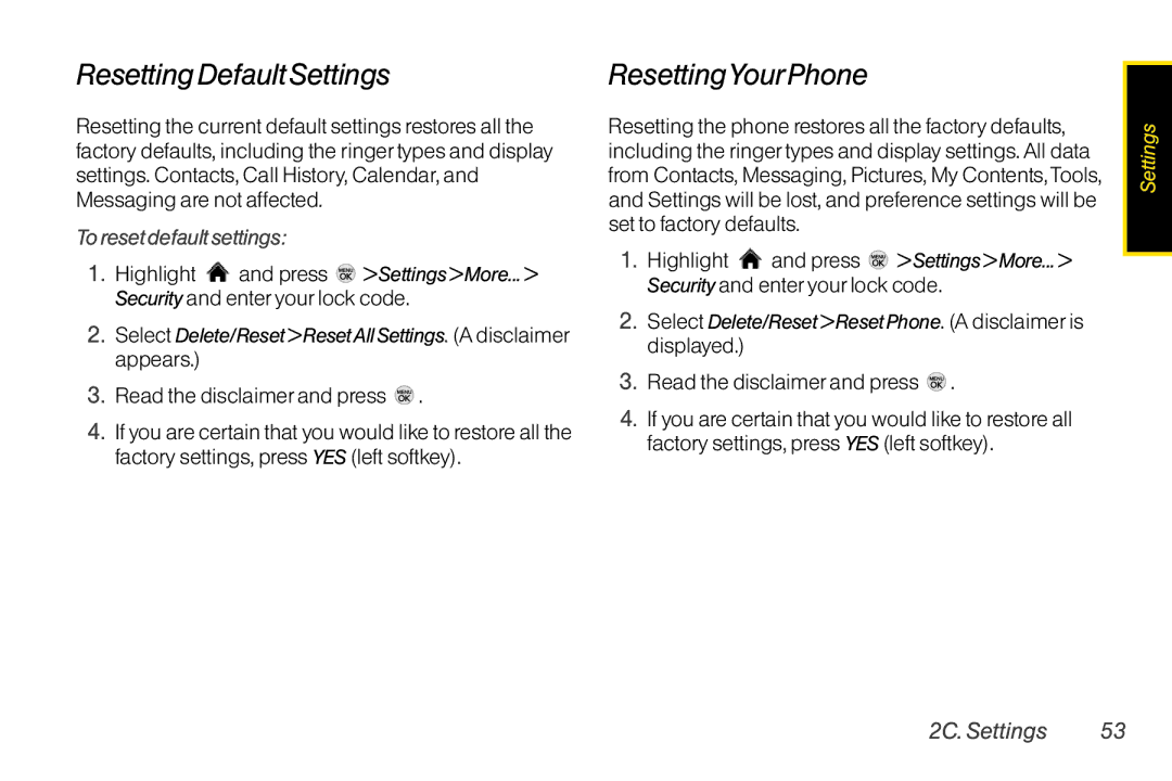 LG Electronics LX370 manual Resetting Default Settings, ResettingYourPhone, To reset default settings 