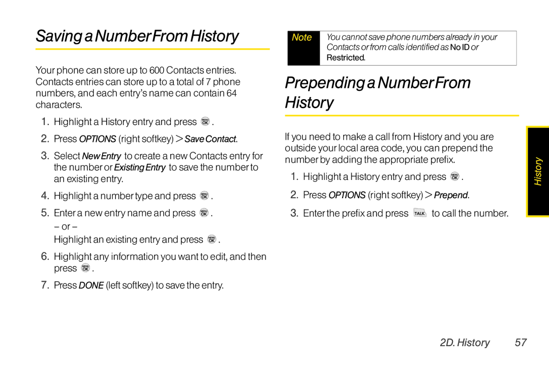 LG Electronics LX370 manual Saving a NumberFrom History, Prepending a NumberFrom History, Restricted 