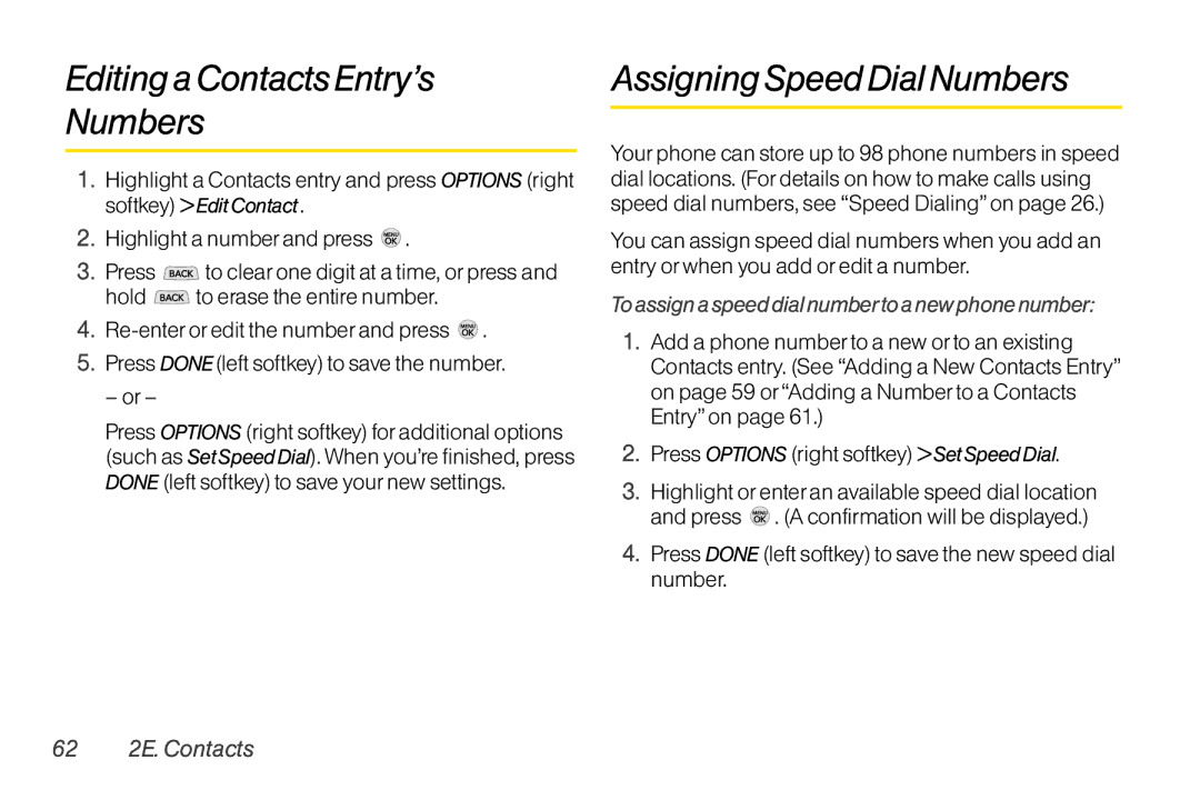 LG Electronics LX370 manual Editing a Contacts Entry’s Numbers, Assigning Speed Dial Numbers, 62 2E. Contacts 