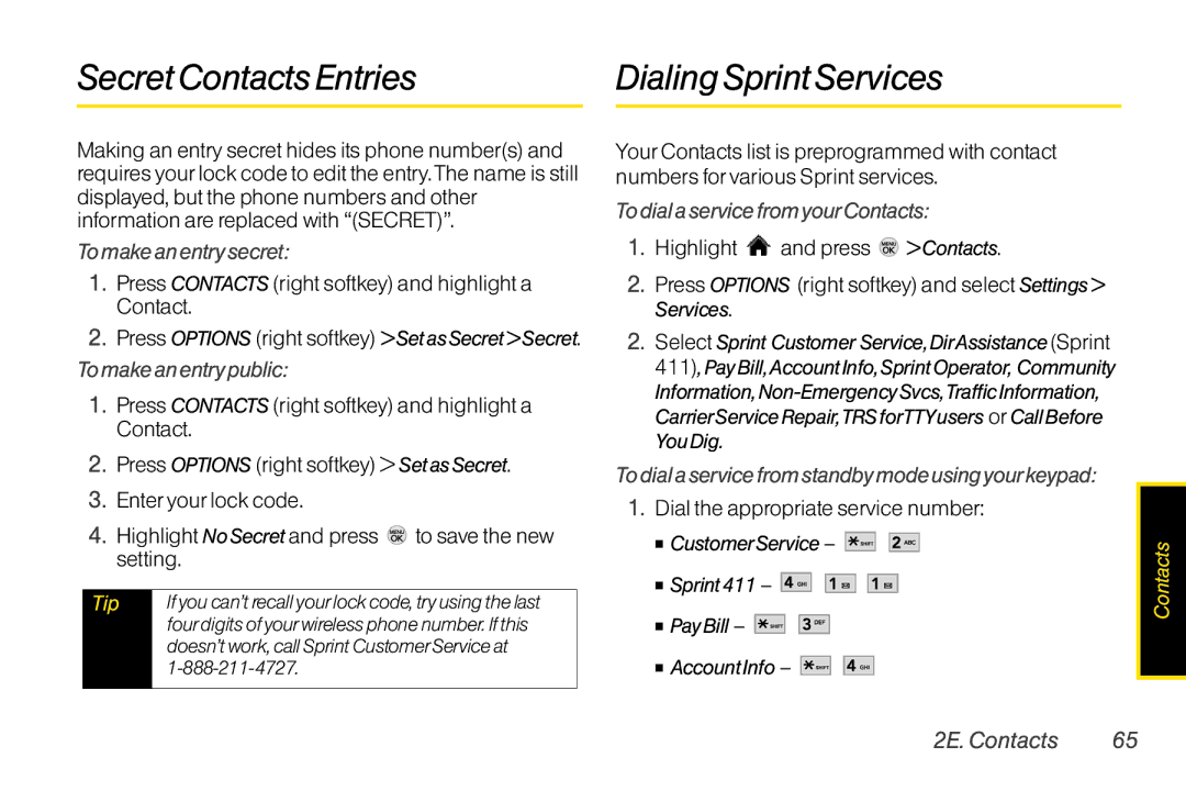 LG Electronics LX370 Secret ContactsEntries Dialing Sprint Services, To make an entry secret, To make an entry public 