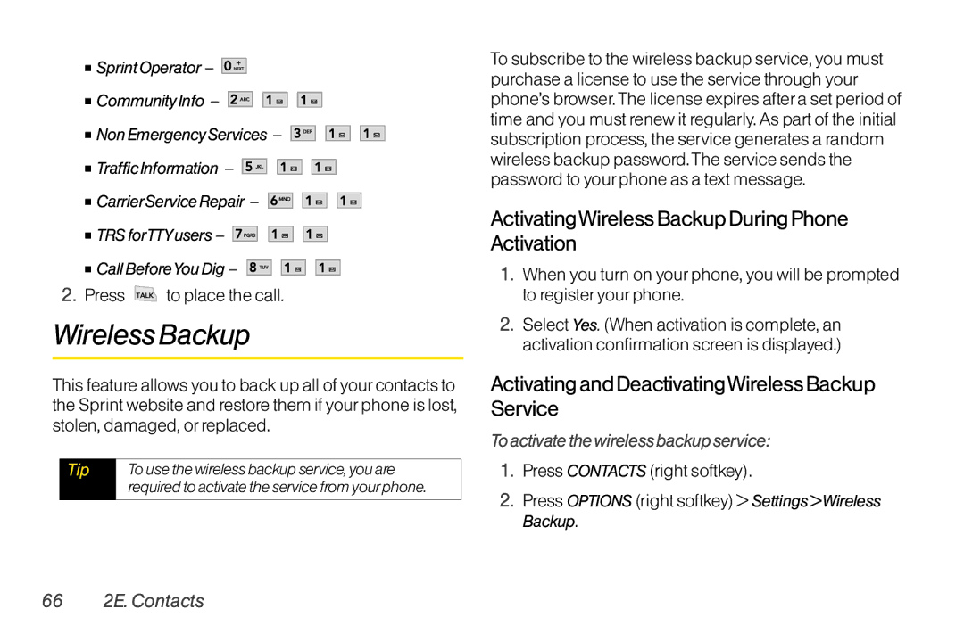 LG Electronics LX370 manual ActivatingWireless BackupDuring Phone Activation, To activate the wireless backup service 