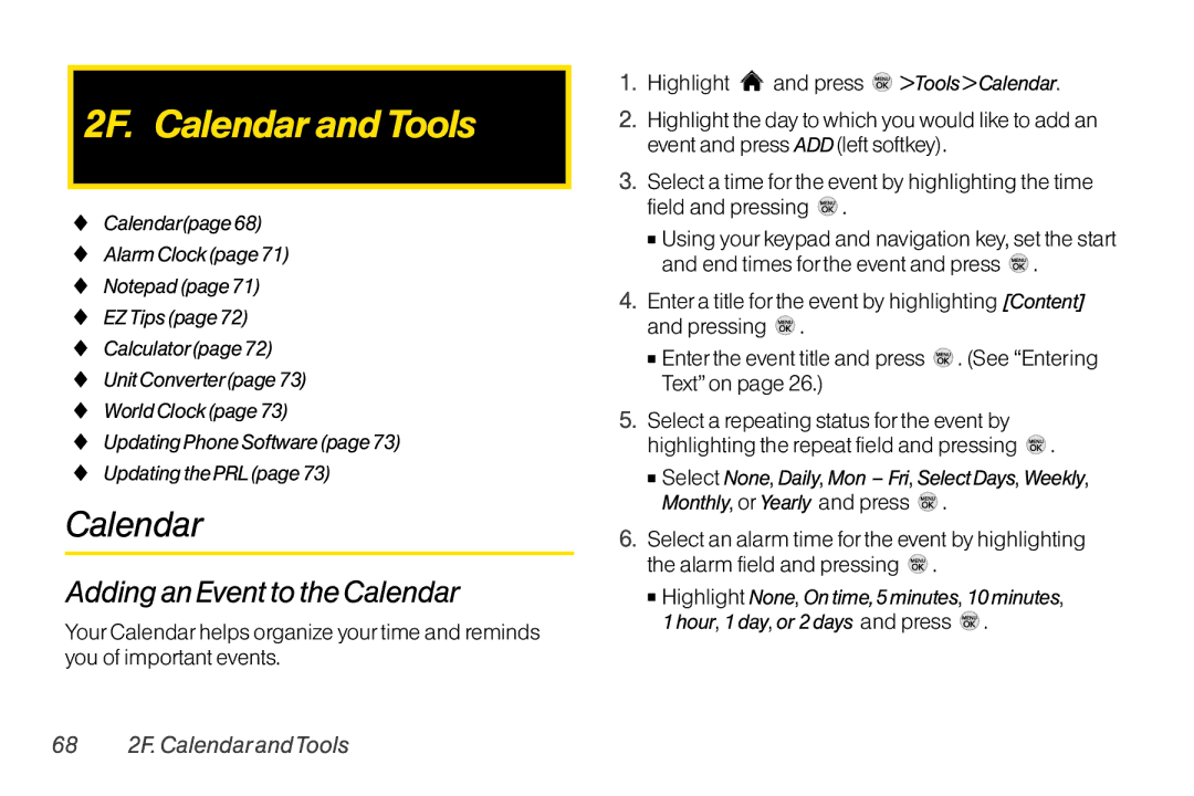 LG Electronics LX370 manual 2F. Calendar and Tools, Adding an Event to the Calendar, 68 2F. Calendar andTools 