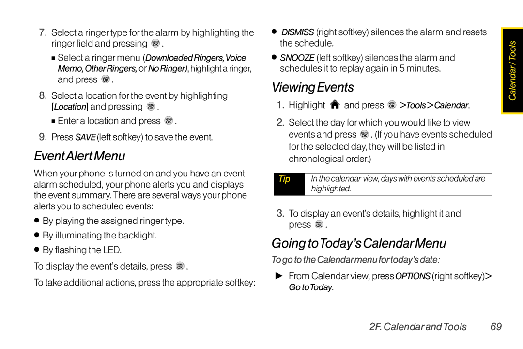 LG Electronics LX370 manual EventAlert Menu, Viewing Events, Going toToday’s CalendarMenu, 2F. Calendar andTools 