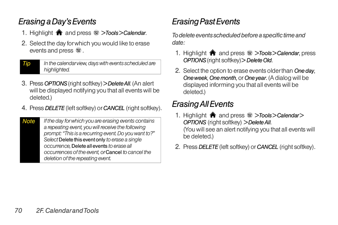 LG Electronics LX370 manual Erasing a Day’s Events, Erasing Past Events, ErasingAll Events, 70 2F. Calendar andTools 