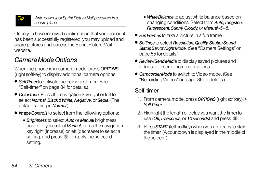 LG Electronics LX370 Camera Mode Options, Self-timer,  Image Controls to select from the following options, 84 2I. Camera 