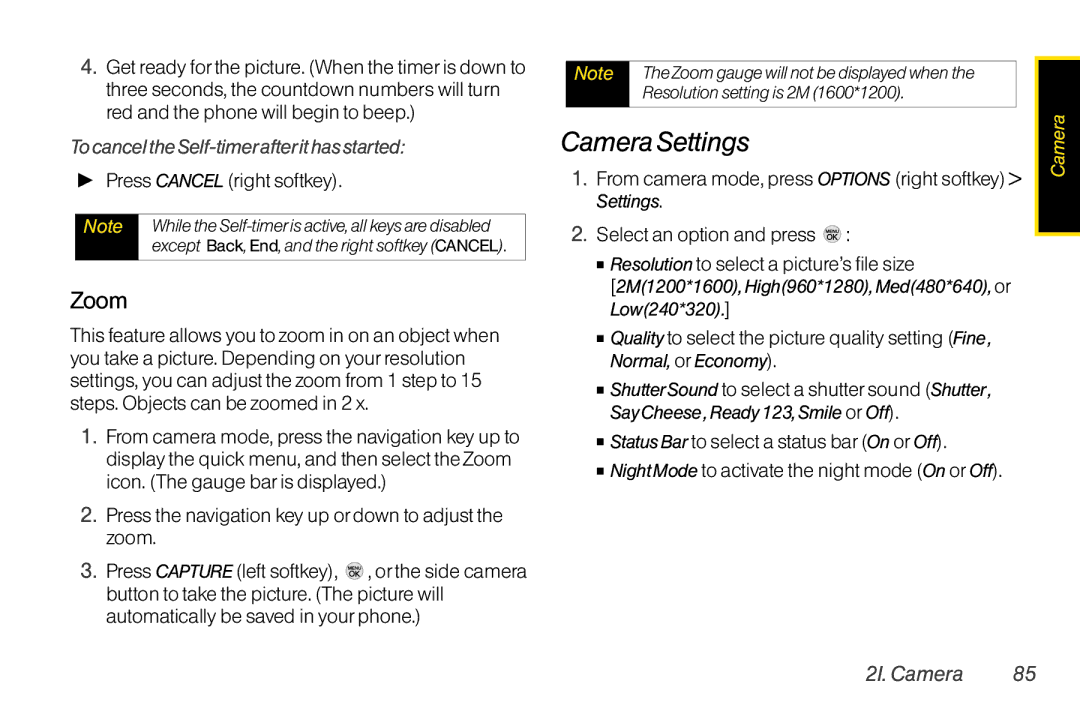 LG Electronics LX370 Camera Settings, Zoom, To cancel the Self-timerafterit has started,  Press Cancel right softkey 