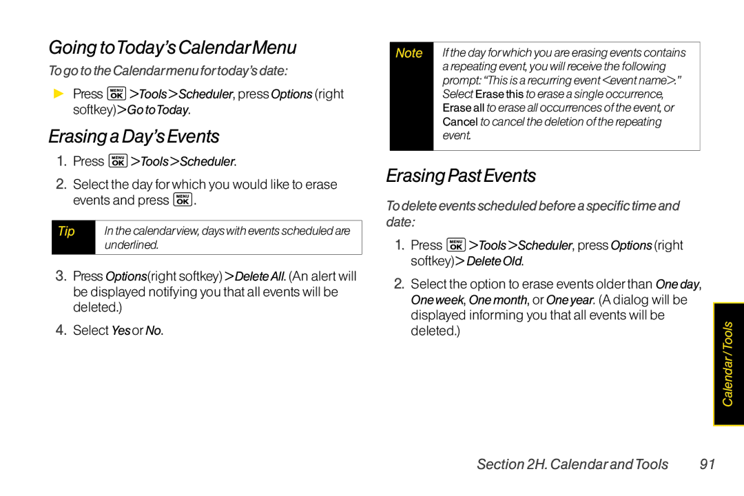 LG Electronics LX400 manual GoingtoToday’sCalendarMenu, ErasingaDay’sEvents, ErasingPastEvents 