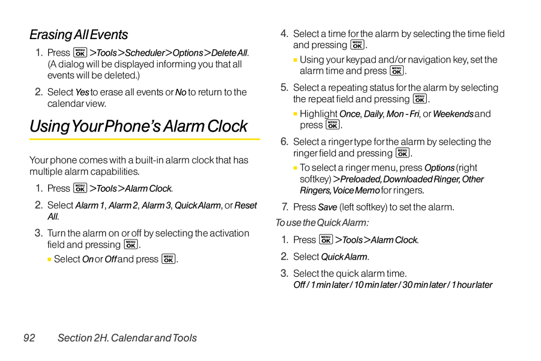 LG Electronics LX400 manual UsingYourPhone’sAlarmClock, ErasingAllEvents, Press Save left softkey to set the alarm 