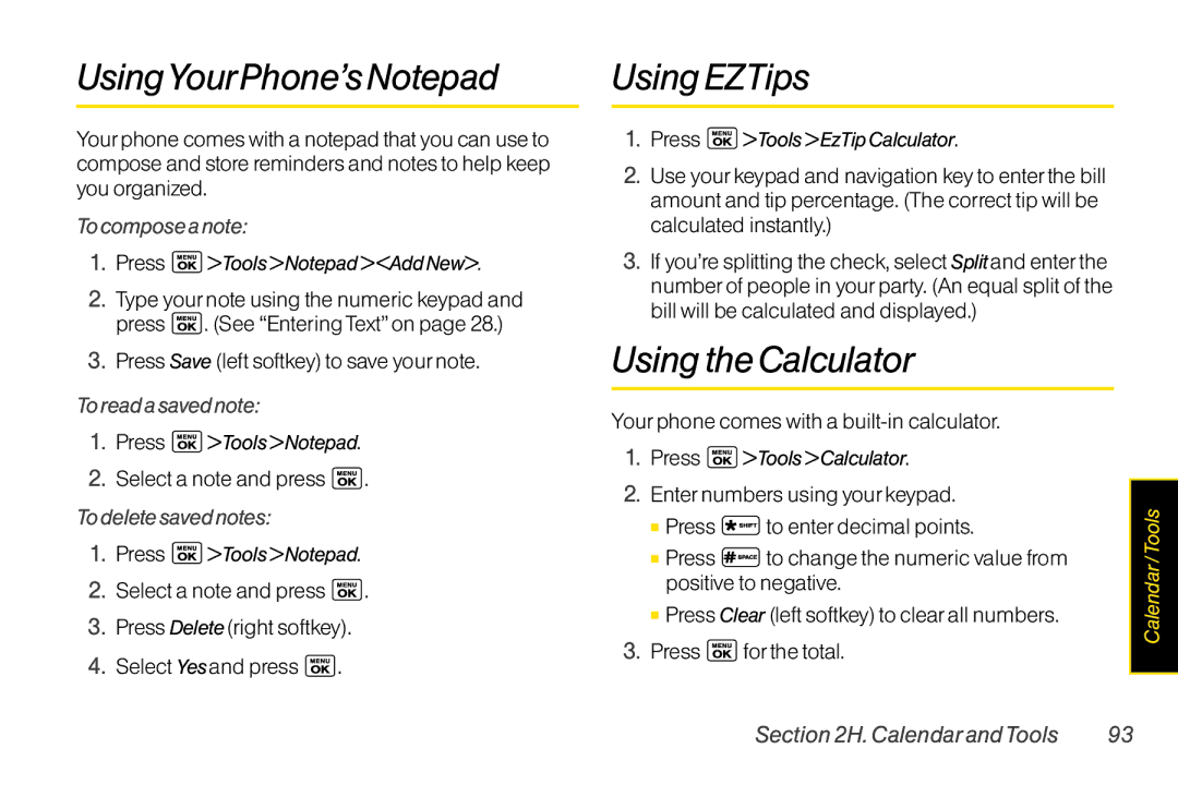 LG Electronics LX400 manual UsingYourPhone’sNotepad, UsingEZTips, UsingtheCalculator 