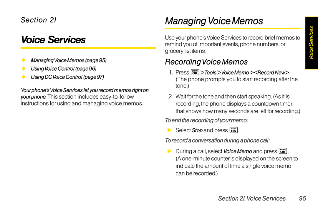 LG Electronics LX400 manual ManagingVoiceMemos, RecordingVoiceMemos, Toendtherecordingofyourmemo, VoiceServices 