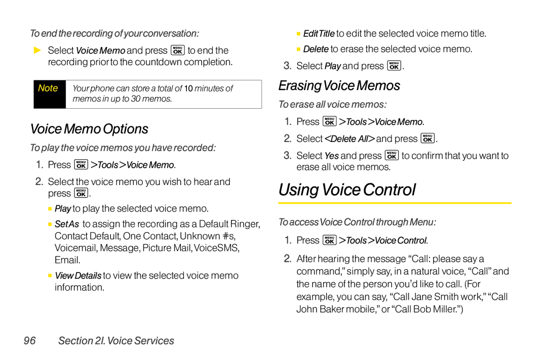 LG Electronics LX400 manual UsingVoiceControl, VoiceMemoOptions, ErasingVoiceMemos 