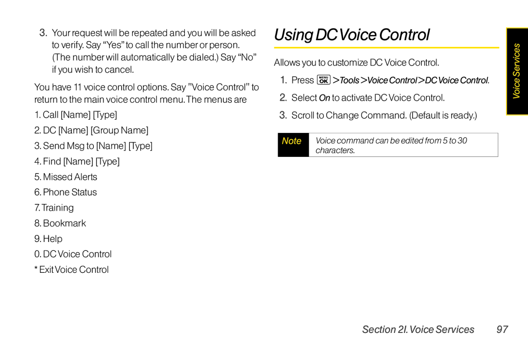 LG Electronics LX400 UsingDCVoiceControl, Allows you to customize DC Voice Control, Press ToolsVoiceControlDCVoiceControl 