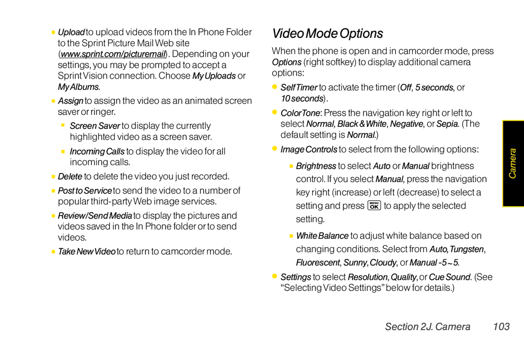 LG Electronics LX400 manual VideoModeOptions,  TakeNewVideoto return to camcordermode, Camera 103 