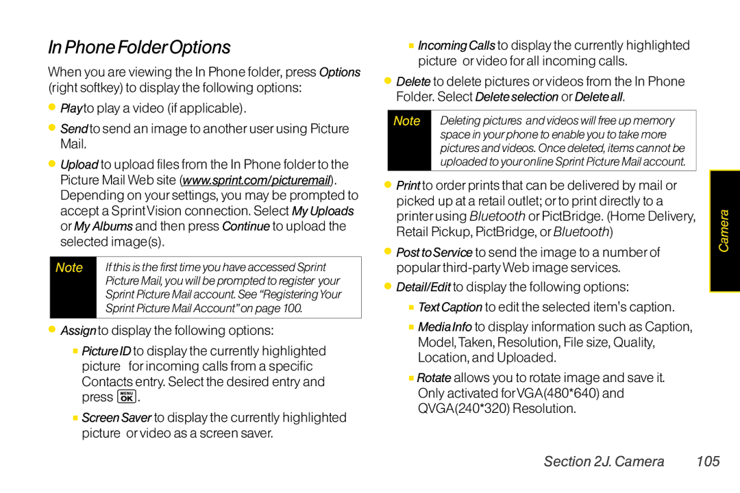 LG Electronics LX400 manual InPhoneFolderOptions, Camera 105 