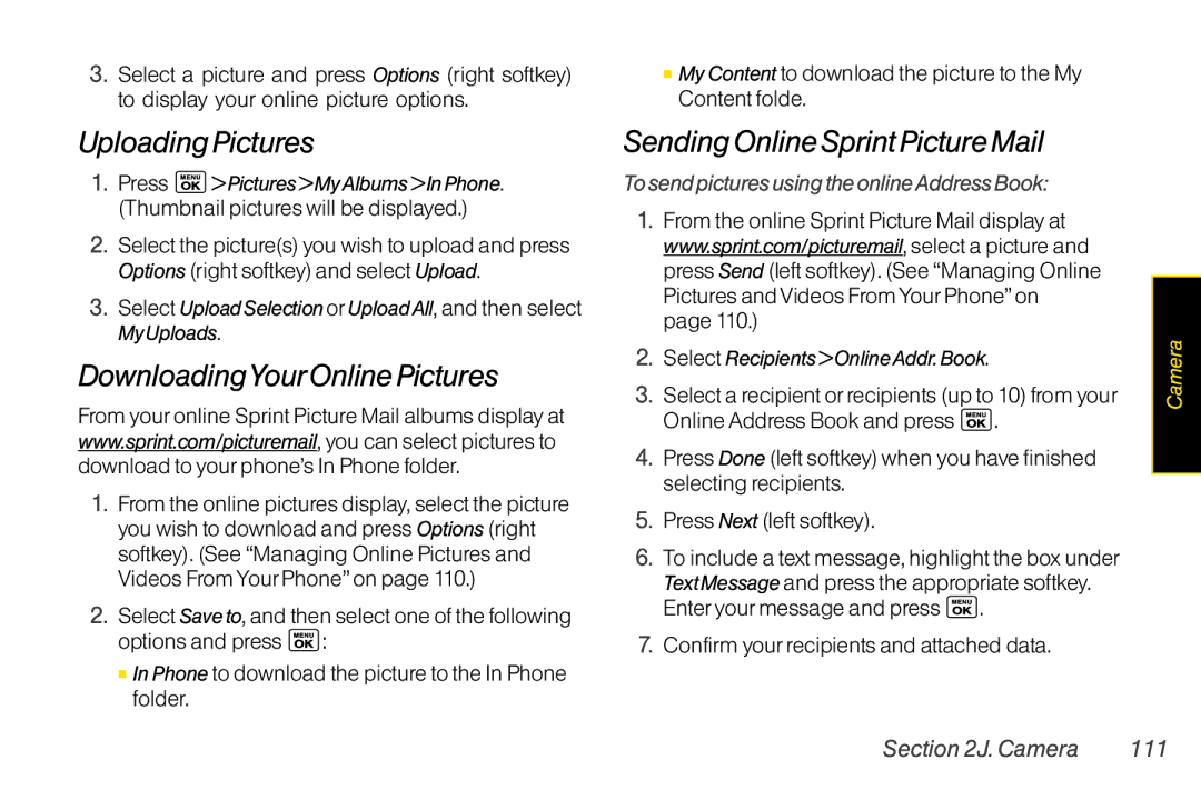 LG Electronics LX400 manual UploadingPictures, DownloadingYourOnlinePictures, SendingOnlineSprintPictureMail, Camera 111 