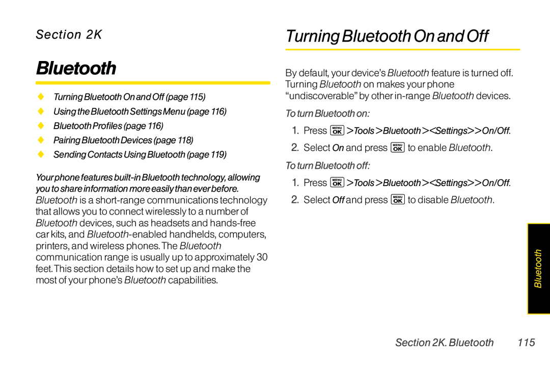 LG Electronics LX400 manual TurningBluetoothOnandOff, ToturnBluetoothon, ToturnBluetoothoff, Bluetooth 115 