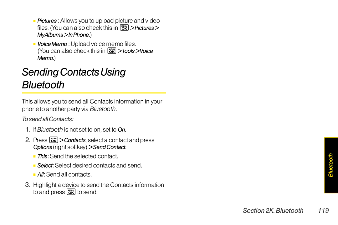 LG Electronics LX400 manual SendingContactsUsing Bluetooth, TosendallContacts, If Bluetooth is not set to on, set to On 