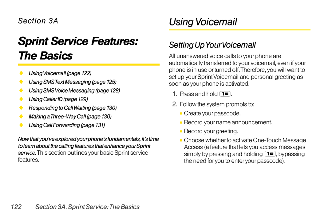 LG Electronics LX400 Sprint Service Features The Basics, UsingVoicemail, SettingUpYourVoicemail, SprintServiceTheBasics 