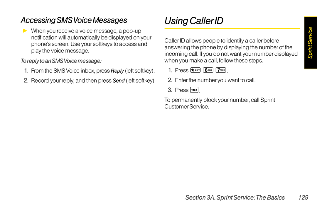 LG Electronics LX400 UsingCallerID, AccessingSMSVoiceMessages, ToreplytoanSMSVoicemessage, SprintServiceTheBasics 129 