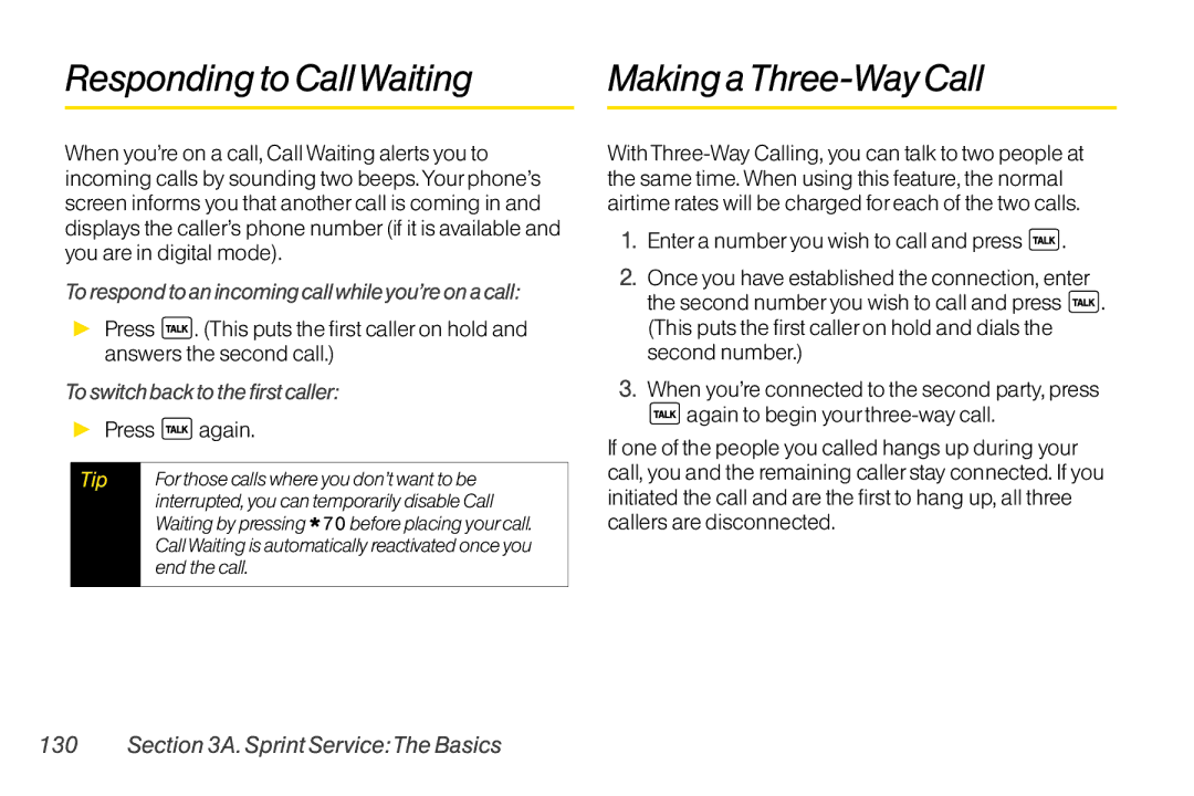 LG Electronics LX400 manual RespondingtoCallWaiting MakingaThree-WayCall, Torespondtoanincomingcallwhileyou’reonacall 